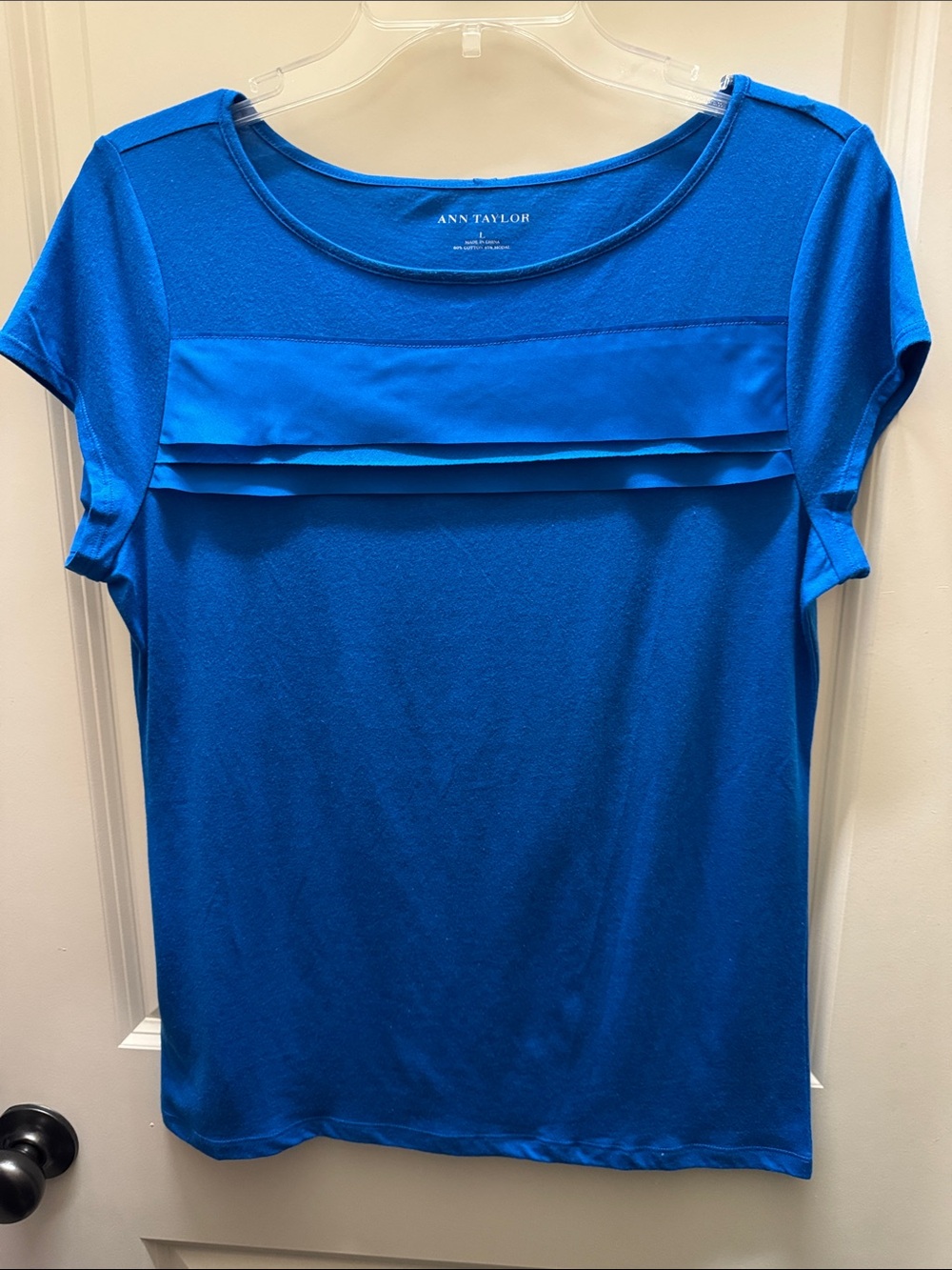 Ann Taylor Bright Blue Pleated Yoke Short Sleeve Top